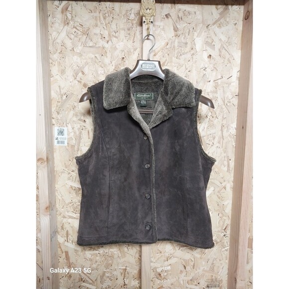 EDDIE BAUER Women’s Large Brown Suede Leather Vest With Faux Fur Lining - Picture 1 of 7